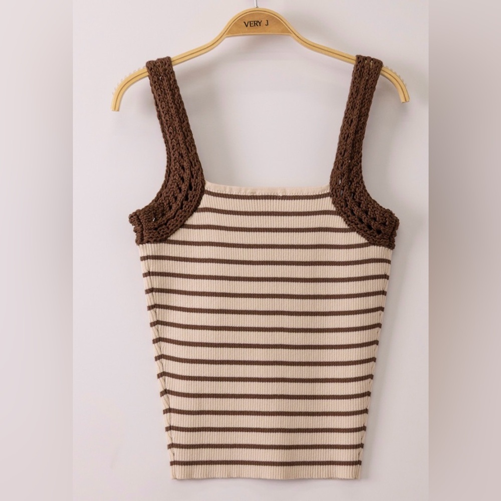 NWT Very J Crochet Strap Sleeve Knit Striped Tank Top Shirt Chocolate Brown - Picture 5 of 7